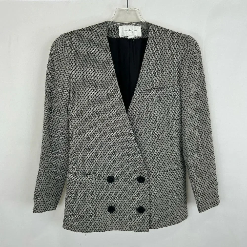 Vintage 80s 90s Christian Dior 100% Wool Monochrome Plaid Skirt Suit Set